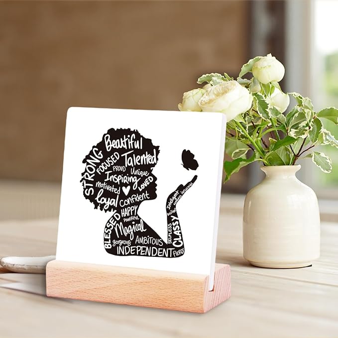Inspirational Office Desk Decor for Women Girls,Strong Beautiful Loved Ceramic Plaque Sign for Office Desk Decor,Positive Gifts for Boss Colleague