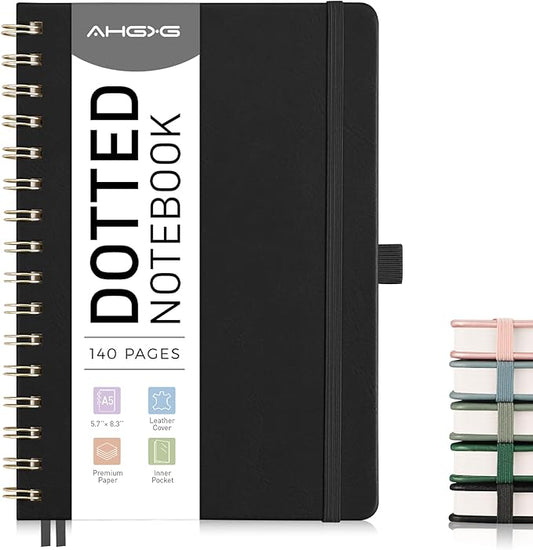 AHGXG Bullet Dotted Journal Spiral Notebook, Hardcover Leather Dotted Notebook 140 Pages, A5 Dot Grid Paper Notebook, 100 gsm Thick Paper, for Bullet Journaling, 5.7" x 8.3", Black