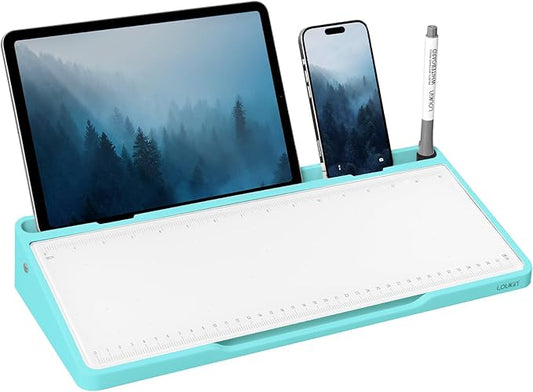 LOUKIN Glass Desktop Whiteboard, 15.3" x 5.6" Dry Erase Desk Board with Dotted and Graduated Surface, Desktop Buddy, Great for Design and Drawing, 3 Markers and 1 Dry Erase Eraser Included (Sky Blue)