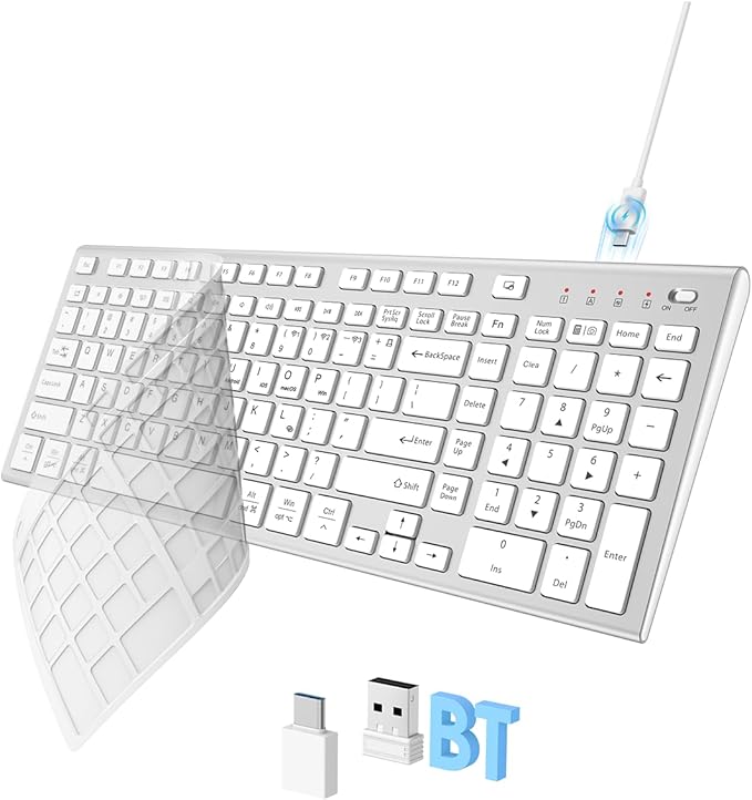 FENIFOX Wireless Keyboard, Bluetooth + USB Ergonomic Silent Quiet Rechargeable with Number Pad Compact Full Size Multi Device Keyboards for iPad Tablet Mac Computer Surface PC MacBook Laptop Silver