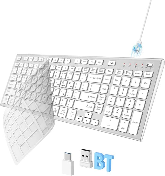 FENIFOX Wireless Keyboard, Bluetooth + USB Ergonomic Silent Quiet Rechargeable with Number Pad Compact Full Size Multi Device Keyboards for iPad Tablet Mac Computer Surface PC MacBook Laptop Silver