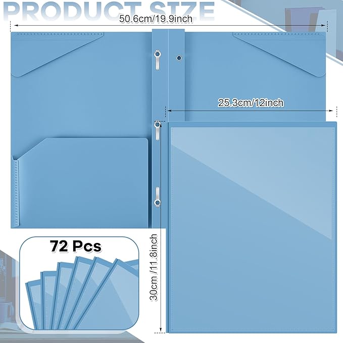 Henoyso 72 Pcs Plastic Folder with Clear Front Pocket and 3 Prong Plastic Folders with Card Slot Pocket Folders with Prongs for School Office (Haze Blue)