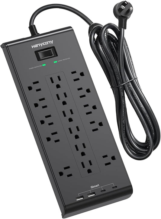 Power Strip 10 Ft, HANYCONY Surge Protector with 16 Outlets 4 USB Ports(2 USB C), Flat Plug Heavy Duty Extension Cord, 2700 Joules, Wall Mount for Home Office, ETL Listed, Black