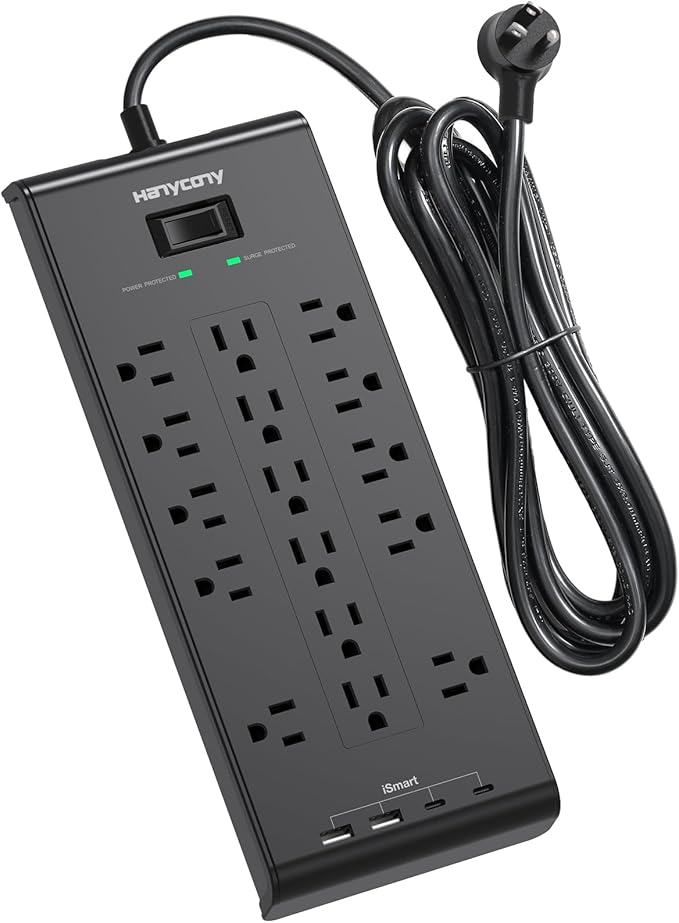 Extension Cord 15 Ft, HANYCONY Power Strip with 16 Oultets 4 USB Ports(2 USB C), 2700 Joules Heay Duty Surge Protector, Flat Plug, Wall Mount for Home Office, ETL Listed, Black