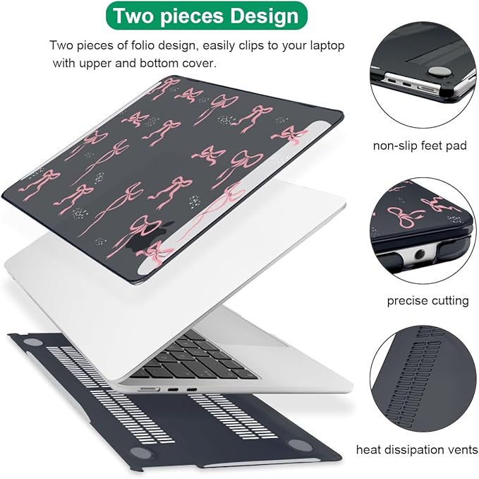 Case for MacBook Air 13.6 inch 2025 2024 2023 2022 M2 M3 M4 Chip Model A3240 A3113 A2681 with Touch ID, Pattern Plastic Hard Shell Cover for MacBook Air 13.6 M4 2025, Pink Bowknot Black