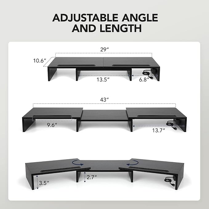 HUANUO Dual Monitor Stand -Monitor Stand with USB ports ,Adjustable Length and Angle, Dual monitor riser w/ Desktop Socket, Monitor Stand Riser for PC, Computer, Laptop (Black)
