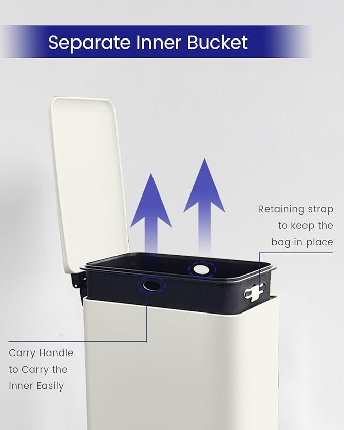 Kitchen Rubbish Bin, 45 Litre Waste Bin, Large Pedal Bin, Kitchen Rubbish Bin with Softclose Lid and Inner Bin, Slim Pedal Bin for Kitchen, Bathroom and Office, White