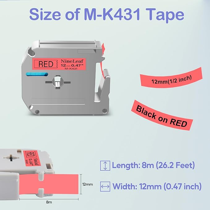 NineLeaf 4 Pack Compatible for Brother P-Touch M Tape M-K431 M-K431S MK431 M431 12mm 0.47'' Black on Red Label Tape for PT-M95 PT-65 PT-80 PT-70 PT-45 PT-90 Label Makers