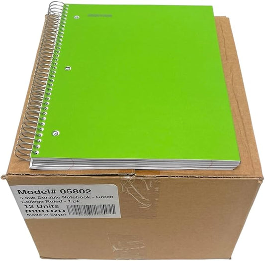 Mintra Office Durable Spiral Notebooks, 5 Subject (Green, College Ruled 12pk)