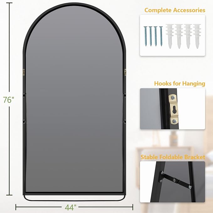 MELOMOIR 76"x44" Oversized Floor Mirror Freestanding, Arched Full Length Mirror for Bedroom Living Room Dressing Room Gym Yoga Hair Salon, Black Mirror Full Length with Shatterproof Tempered Glass