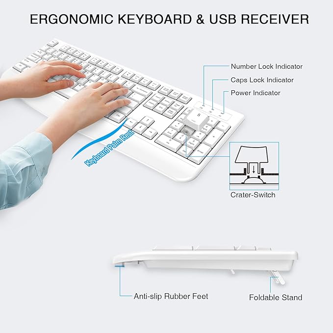 Wireless Keyboard and Mouse Combo, Full-Sized 2.4GHz Wireless Keyboard with Comfortable Palm Rest and Optical Mouse for Windows, Mac OS PC/Desktops/Computer/Laptops (White)