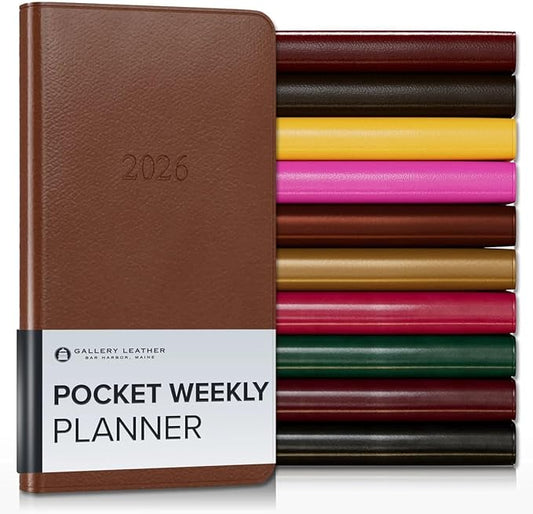 Gallery Leather Pocket Weekly Monthly Planner 2025-2026, Elegantly Bound Calendar Planner and Notebook with Stylish Gold-Gilded Page Edges, 12 Months - Monhegan Saddle - 6 x 3.25 "