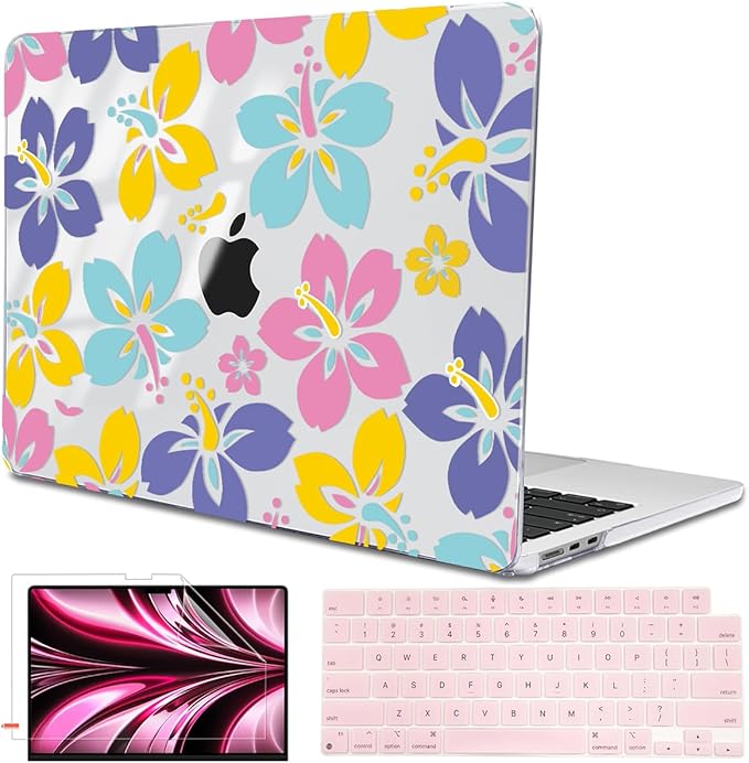 for MacBook Air 13.6 inch Case 2025 M4 A3240 2024 M3 A3113 2022 2023 A2681 M2 Chip, Crystal Plastic Pattern Hard Shell Case Cover for Mac Air 13 M4 2025 Touch ID, Colorful Hibiscus Flower