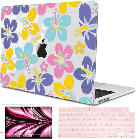 for MacBook Air 13.6 inch Case 2025 M4 A3240 2024 M3 A3113 2022 2023 A2681 M2 Chip, Crystal Plastic Pattern Hard Shell Case Cover for Mac Air 13 M4 2025 Touch ID, Colorful Hibiscus Flower