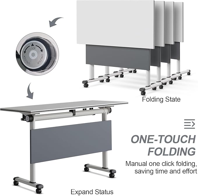 Folding Conference Table, Modern Large Conference Room Tables with Flip-Top Design, Foldable Conference Table Meeting Table with Wheels, Mobile Seminar Training Tables for Office Classroom (8, Gray)