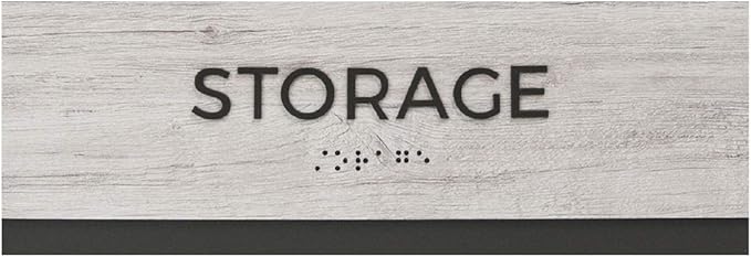 Storage Sign with Braille/Easy Adhesive Mount Door and Wall Sign for Small Businesses and Restaurants/ 3 x 9 inches/Silver Woodgrain