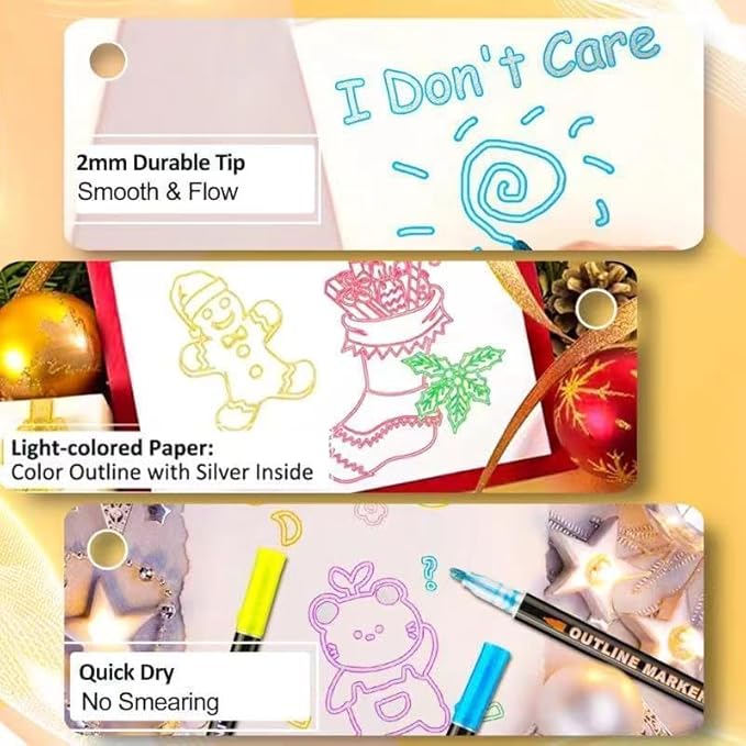 Double Line Outline Markers 12 Colors Super Squiggles Glitter Self Outline Metallic, Doodle Shimmer Drawing Pens for Christmas Greeting Card, Birthday Gift, DIY Art Crafts