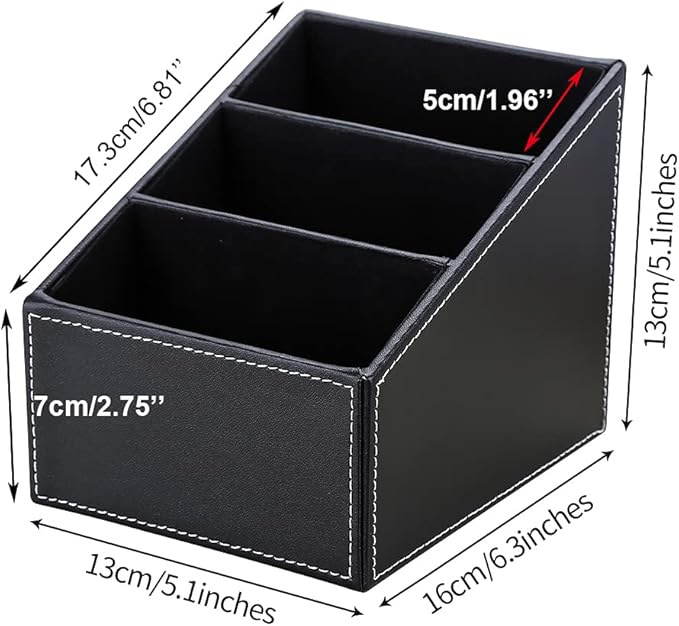 KINGFOM Remote Control Holder with 3 Compartments Pu Leather Remote Caddy Desktop Organizer Store Brush, Pencil, TV Guide, DVD, CD, Blu-Ray, Media Player, Heater Controllers(Black)