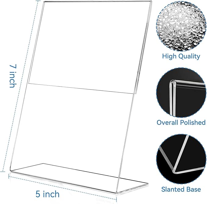 EHWINE 12 Pack 5 x 7 Acrylic Sign Holder, Clear Plastic Signs Display Stand, Vertical Slanted Back Paper Holder Stand up Table Top Sign Holders Flyer Stand Frames Suitable for Office Business Store