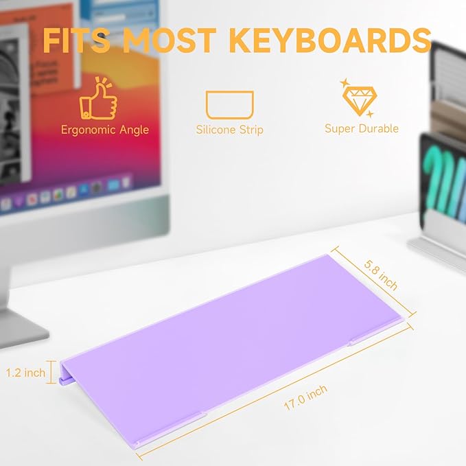 Ergonomic Computer Keyboard Stand - 17 Inch Purple Acrylic Keyboard Riser for Desk Tilted Keyboard Holder Tray with Non-Slip Strip for Home Office Easy Typing & Working