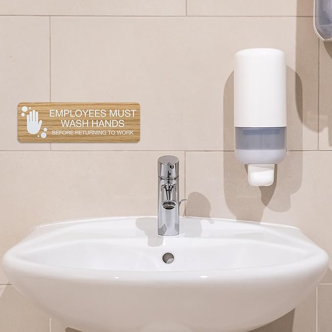 SBLABELS Employees Must Wash Hands Indoor Easy Adhesive Mount Door and Wall Sign for Restaurants and Small Businesses 3" x 9" - Light Wood