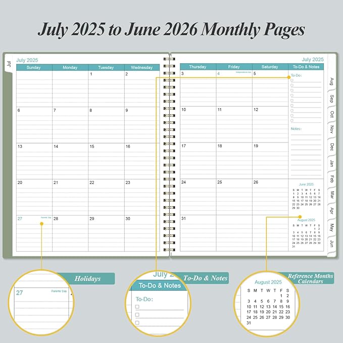 2025-2026 Planner - Academic Planner 2025-2026 from July 2025 to June 2026 with 12 Monthly Tabs, Flexible Cover, Inner Pocket, 8.5" x 11", Green