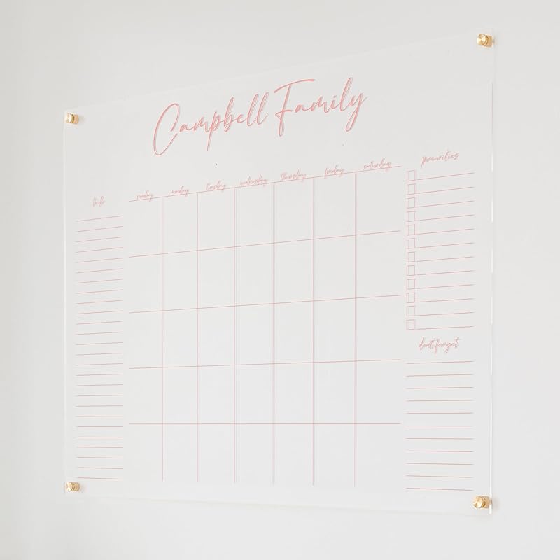 Personalized Clear Acrylic Calendar for Wall, Calendar Whiteboard for Wall, Dry Erase Wall Calendar, Wall Calendar Organizer System for Home (Cursive, Blush, 47.5"W x 36"H)