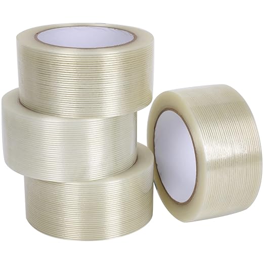 4 Pack Fiberglass Tape, Extra Thickness 6.3 mils and Super Sticky, Transparent Filament Reinforced Strapping Tape for Heavy Duty Packing, 2inch×27yds/Rolls