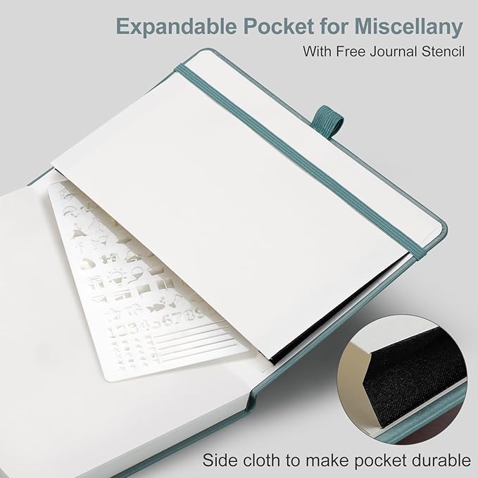 AHGXG Bullet Dotted Journal - Dot Grid Notebook Journal, 120 GSM Thick Acid-Free Paper, A5 Dotted Notebook 160 Pages, Leather Hardcover, Inner Pocket, Journal Stencil, 5.7'' × 8.3'' - Gray Blue