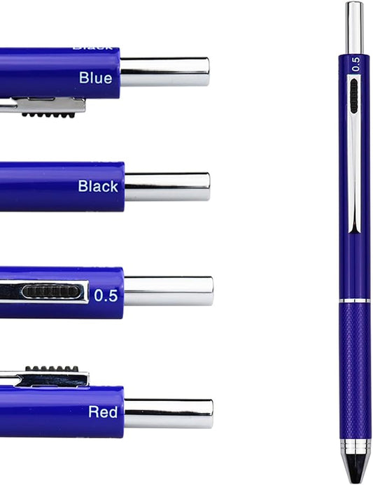 DunBong 4-in-1 Multicolor Writing Instrument, Metal Cased Multifunction Pen, 0.5mm Mechanical Pencil, Red, Blue and Black Ball Pens, 1-Count (Blue)