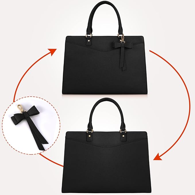 RAINSMORE Laptop Bag for Women 15.6 Inch PU Tote Bag Business Office Work Bag Waterproof Briefcase Computer Tote Lightweight Handbag Shoulder, Black
