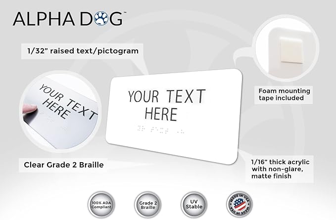 ALPHA DOG ADA SIGNS Custom ADA Compliant Braille Sign, 4"x8" Room Identification Plaque, Tactile Text, Raised Letters, Personalized 2-Line, Indoor/Outdoor, USA-Made (White)
