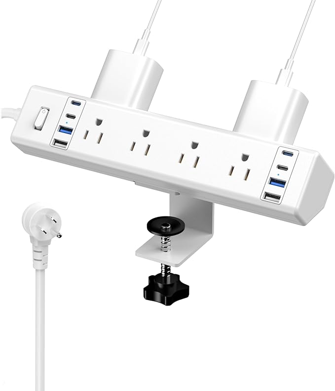 40W Fast Charging Station,Desk Clamp Power Strip,4 USB-C Ports & 8 AC Outlets,Desktop Edge Mount Surge Protector Power Strip,14AWG Heavy Duty Cord,Fit 1.9" Tabletop Edge for Home Office(10Ft Cable)