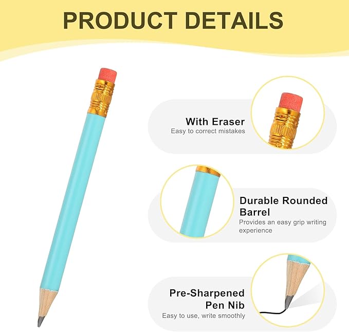 MECCANIXITY Golf Pencils with Erasers, 4" HB Mini Half Pencils Pre Sharpened Small Pens for Wedding Bridal Shower Game Office Writing Drawing(Blue, Pack of 20)