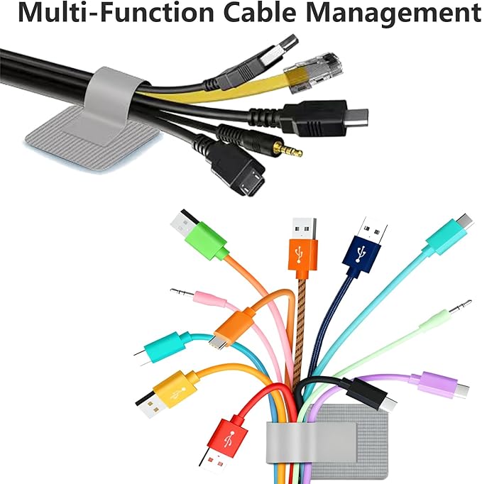 Desk Cable Management, Wire Organizers for Cords - Upgrade 48 PCS Grey Sticky Back Self Adhesive Cable Ties, Hook and Loop Straps for Home or Office Use