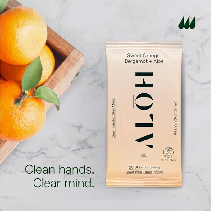 ALŌH Sweet Orange Bergamot + Aloe Sanitizing Hand Wipes - Clean Hands, Clear Mind - On The Go Hand Sanitizer Wipes for Kids and Adults - Travel Size 6 Packs 20ct Wipes (120 wipes)
