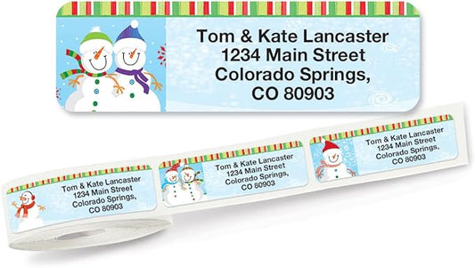 Happy Snowman Holiday Rolled Personalized Return Address Mailing Labels with Dispenser, Set of 250, 5 Designs, Small ¾ x 2½ Inch Size, Custom Self-Adhesive Sticker Roll, by Colorful Images