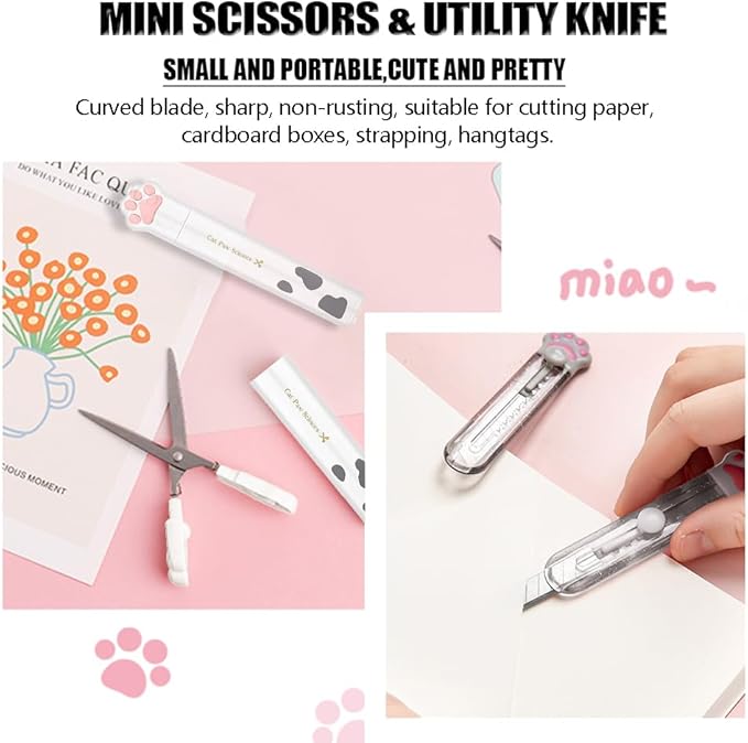 9Pcs Cute School Supplies, Cute Stationery,Includs Pencil Sharpener,Eraser, Correction Tape,Sticky Notes, Ruler, Scissors,Utility Knife, for Cute Office Supplies