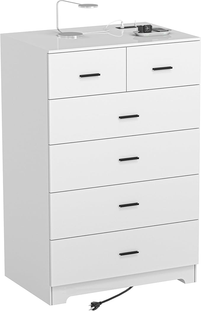 Dresser with Power Outlets Wooden 6 Drawer Dresser with Large Organizer White Tall Storage Organizer with Smooth Metal Rail Modern Chest of Drawers Closet for Bedroom Hallway