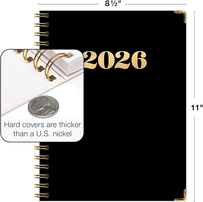 HARDCOVER 2026 Planner, 8.5"x11": 14 Months (November 2025 - December 2026), Daily Weekly Monthly Planner, Yearly Agenda, Bookmark, Pocket Folder and Sticky Note Set (Black Gold Numbers)