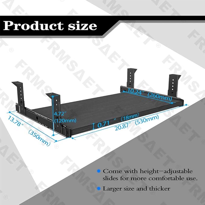 FRMSAET Furniture Accessories Office Product Suits Hardware 20/24/30 inches Keyboard Drawer Tray Wood Holder Under Desk Adjustable Height Platform. (20 inches, Black)