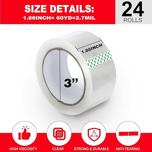 Clear Packing Tape 24 Rolls,2.7mil Heavy Duty Packaging Tape Refills for Shipping Packaging Moving Sealing, 1.88 Inch x 60 yd Per Roll,Total 1440 Yards