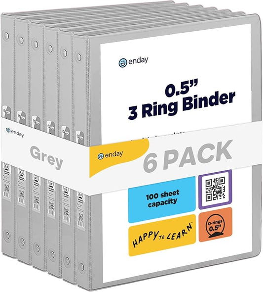 ½ Inch 3 Ring Binder Grey, .5 Inch Round Ring Clear View Cover with 2 Inside Pockets Binders, Colored School Supplies Binders, Also Available in Pink, Red, Green, Blue, and Purple (6 PC) – by Enday