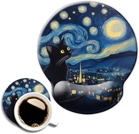 Ergonomic Mouse Pad with Wrist Support,Mouse Pad with Wrist Rest and Coaster Set,Office Supplies Non-Slip Mouse Pads for Desk, Non-Slip Comfortable,Cute Black Cat