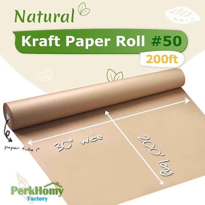 PerkHomy 30" x 2,400" (200') Brown Kraft Paper Roll for Craft Bulletin Board Paper Art Table Covering Crafting Gift Wrapping Bouquet Packing Parcel 70GSM 50LB (Brown, 30" x 200')