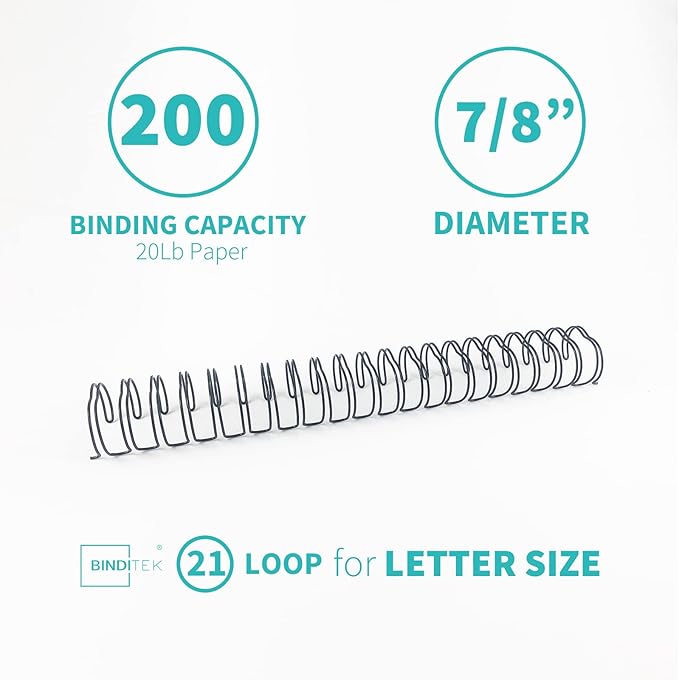 Binditek 50 Pack Double Loop Wire Binding Spines, 7/8Inch Binding Wire for Letter size, 2:1 Pitch, 200 Sheet Capacity, 21-Loop, Black, for Students and Coworkers