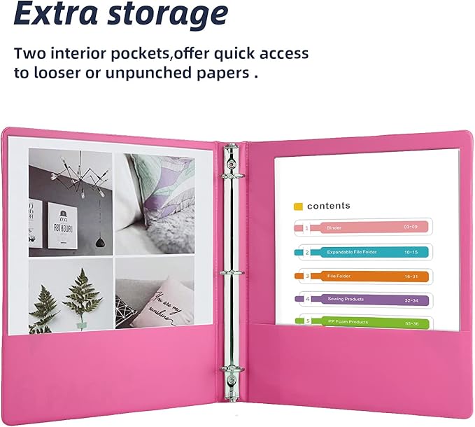3 Ring Binders,1” Round Ring, Holds 8.5 * 11inch Papers, with 2 Pockets,6 Colors Binder Assorted Pack