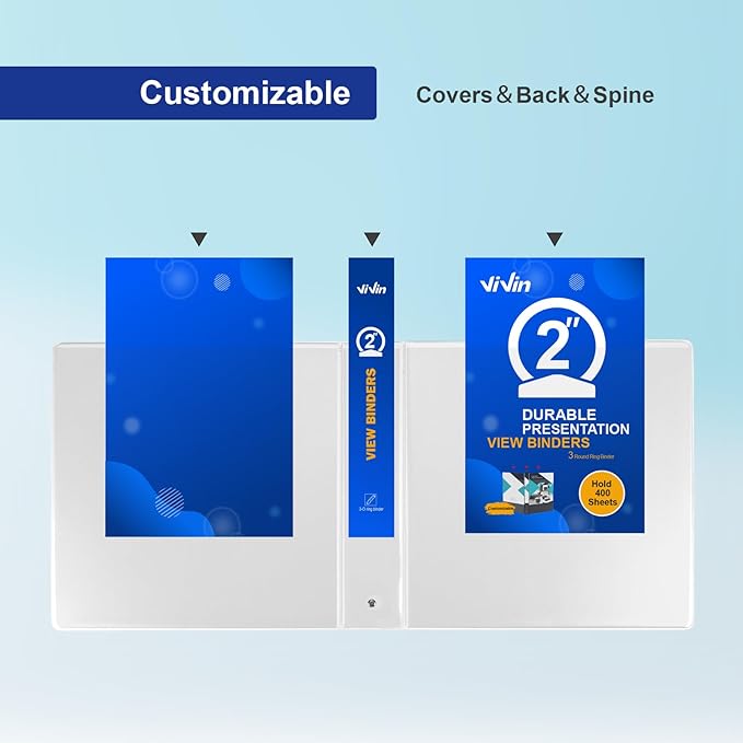 3 Ring Binder 2 Inch, ViVin Sturdy 2"-Round Ring Binder with 2 Interior Pockets, Clear View Cover, PVC-Free, Fits 400 Sheets of 8.5'' x 11'' Paper, Office Home School (6 Pack, White)