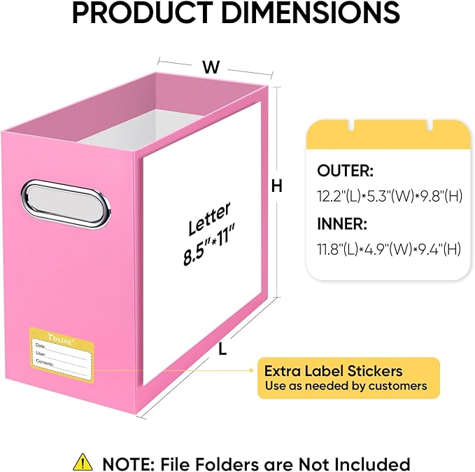 BALEINE File Organizer Box, Cardboard File Folder Organizer with Handle for Letter Size, Portable Collapsible Hanging Filing Box for Home Office Document Storage (2 Pack, Pink)