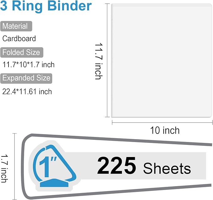 Comix Sturdy 3-Ring-Binder 1-inch D Ring Binders Hold 225 Sheets of 8.5" x 11" Paper, 8 Pack (White)